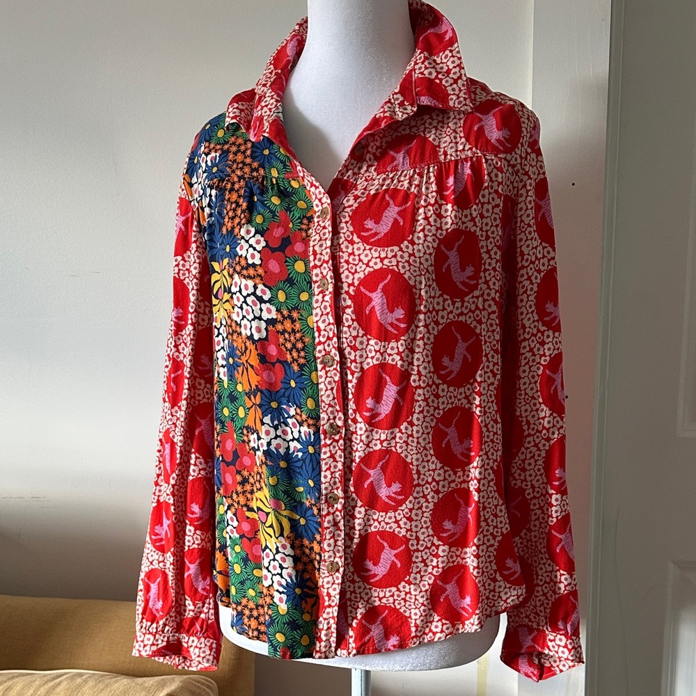 Anthropologie Liv Lee Colorful Floral and Bird Print Blouse